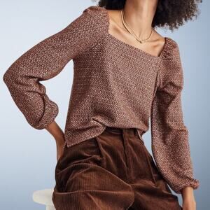 Madewell Jacquard Puff Sleeve Square Neck Long Balloon Sleeve Top Brown Small